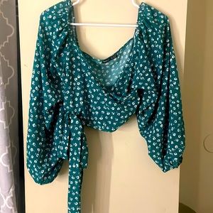 Green floral side tie blouse top